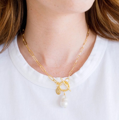 Susan Shaw Necklace Gold Pearl Toggle Paperclip Chain 24k TPG - Picture 5 of 11