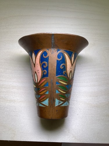 Antique copper arts and crafts cup cloisonne Tall 3 1/2 in - Picture 11 of 12