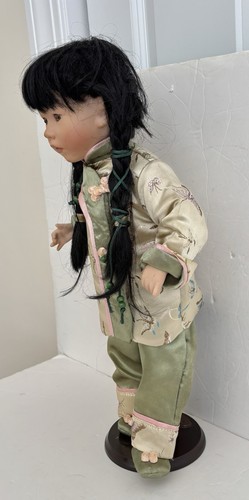 Porcelain Chinese Child Doll Asian 18.5" Stand Satin Dress Vintage Collection - Picture 5 of 6