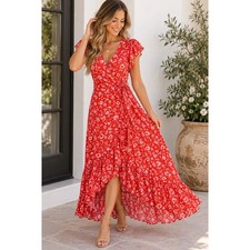 Petal & Pup Red Floral Wrap Maxi Dress Flutter Sleeve Ruffle Boho Size 6