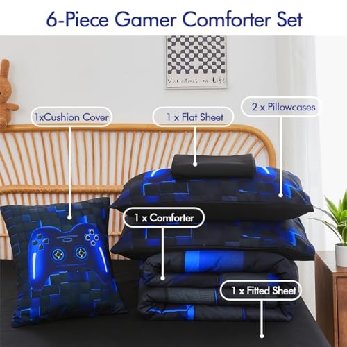 Twin Size Bed in A Bag 6 Pieces Gaming Bedding Set for Boys Blue Gamer - Picture 4 of 7