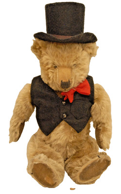 ANTIQUE 16'' JOINTED MOHAIR TEDDY BEAR WEARING VEST W/ TOP HAT