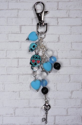 Sugar Skull Skeleton Key Heart Purse Charm Bag Clip Frosted Glass Blue Black New - Picture 3 of 4