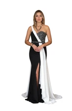 IMPERO COUTURE Euro size 46 Designer Formal Gown Black White Beaded One Shoulder
