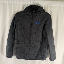Under Armour Puffer Jacket Boys Youth Large Black Blue Hooded Full Zip