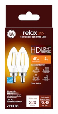 Relax Decorative HD LED Light Bulbs,Soft White,Clear,Candelabra Base,300 Lumens,