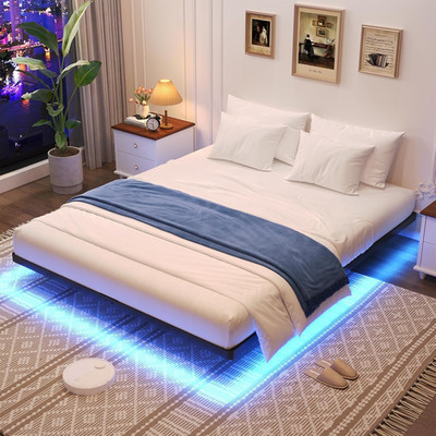 Queen Floating Bed Frame with LED Lights - No Box Spring, Easy Assembly