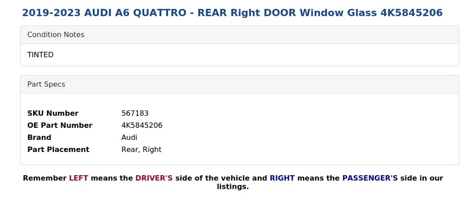 AUDI A6 QUATTRO 2019-2023 - puerta trasera derecha ventana cristal 4K5845206 Foto 3 de 4