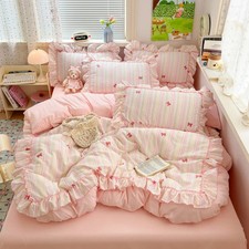 3pcs Pink Bow Bedding Set Ruffles Duvet Cover Pillowcases NO Sheet Bedclothes
