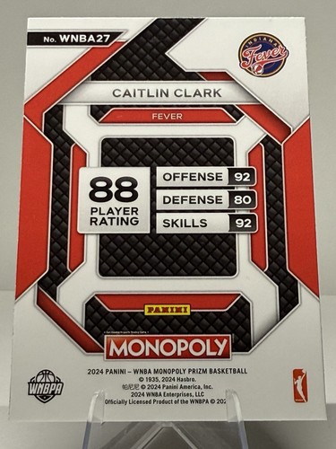 2024 WNBA Monopoly Prizm Caitlin Clark #WNBA27 RC Fever Rookie Card - Picture 2 of 2