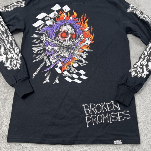 Camiseta de manga larga Broken Promises para hombre pequeña negra calavera llamas tatuaje - Imagen 2 de 10