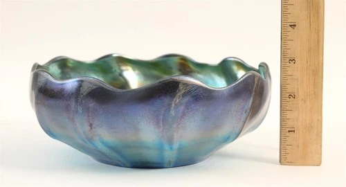 Antique 7.5in Signed LCT Tiffany Iridescent Blue Favrile Blown Art Glass Bowl