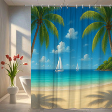 Beach Scene Shower Curtain with Sailboats and Palm Trees