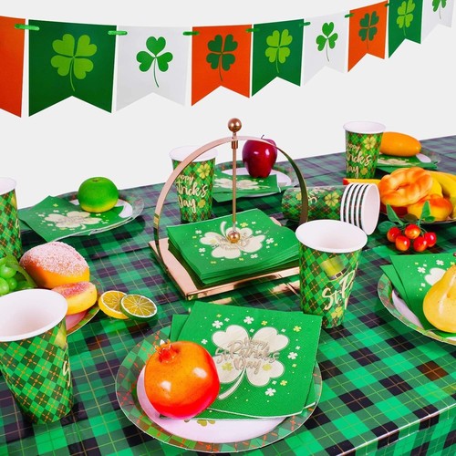 Gatherfun St Patrick’s Day Party Supplies Green Shamrocks Tablerware Serve 30 - Picture 3 of 8