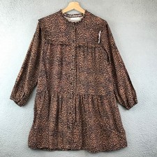 Zara Leopard Print Mini Dress Button Front Tiered Long Sleeve Womens 13-14