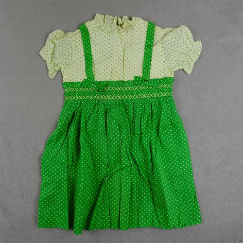 Vintage Cinderella Dress Girls Size 6 Green Polka Dot Puff Sleeve Smocked 70s - Picture 1 of 24