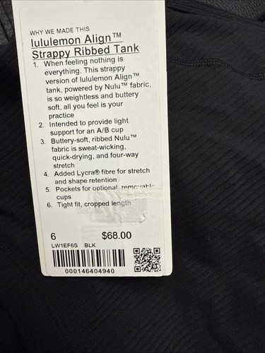 Lululemon Women’s Align Strappy Ribbed Tank Top Size 6 Black New w/tag $68 - Picture 4 of 4