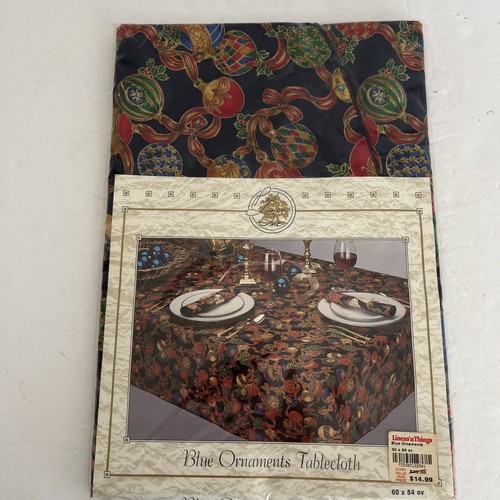 Vintage Christmas Tablecloth Blue Ornaments Ribbons Oval 60 x 84 NOS NEW