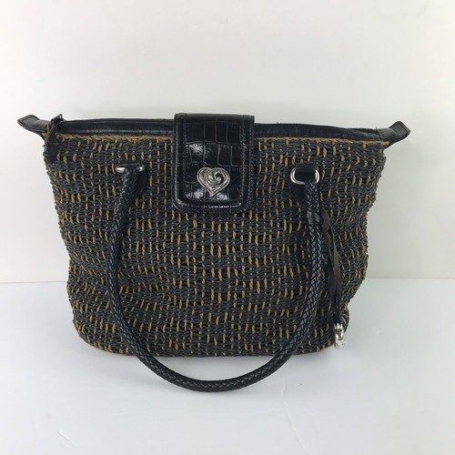 Brighton Black &amp; Camel Woven Cord Tote Purse Braided Leather Handle BoHo Z14
