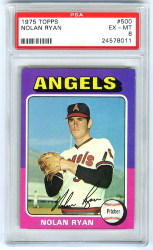NOLAN RYAN~CALIFORNIA ANGELS~1975 TOPPS PSA-6 (EX-MT) HOT MLB BASEBALL CARD #500