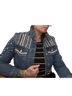 Rhinestone And Pearls Bedazzled Jean Jacket Cropped 