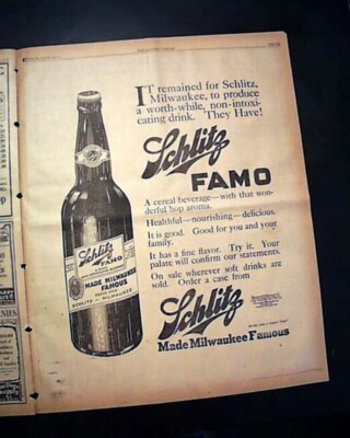 1917 SCHLITZ FAMO Non-Intoxicating Beer no Alcohol Drink Advertisement Newspaper