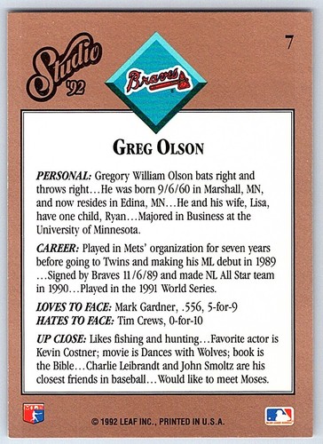 1992 Studio Greg Olson Atlanta Braves #7 - Picture 2 of 2