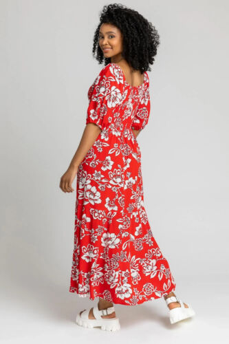 LADIES ROMAN DRESS SIZE 18 PETITE, Red Floral Print Shirred Bodice Maxi Dress - Picture 10 of 14