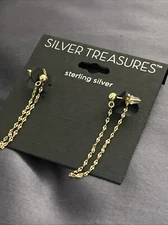 Silver Treasures Front And Back Chain 14K Gold Over 925 SilverEarrings NWT $60