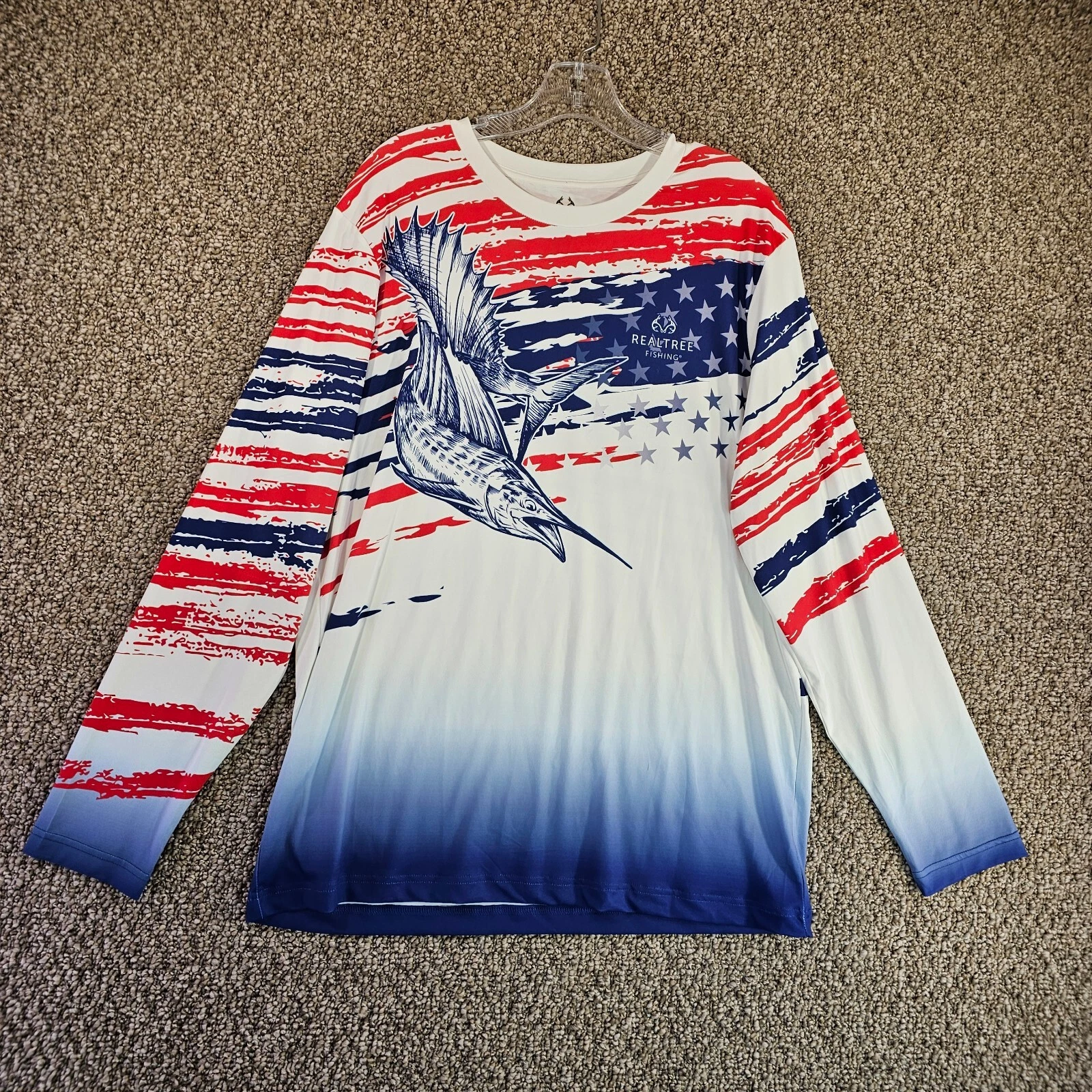 Realtree Fishing Shirt Mens Large 42-44 Long Sleeve Patriotic Red White Blue