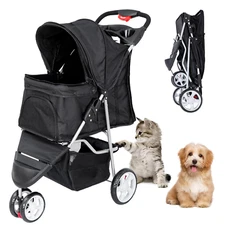 Foldable 3-Wheel Pet Stroller for Dogs & Cats with Storage Basket & Cup Holder