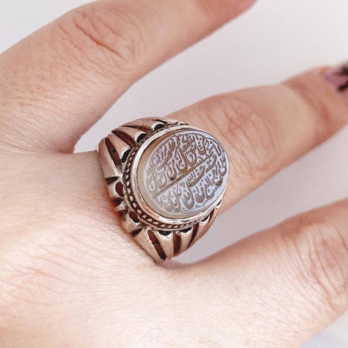 Holy quran Hand engraved blessing men 925 silver Ring Natural Agate Bread Bring - Picture 7 of 7