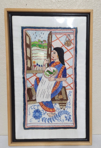 Aarong•Hand Embroidered•Framed Silk Art Tapestry• Ekakini • 16"×10" • Bangladesh - Picture 2 of 6