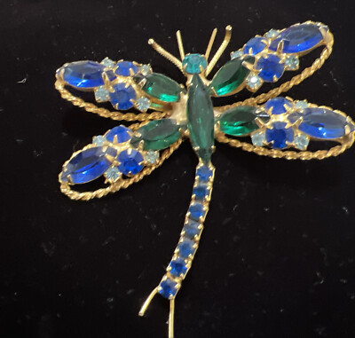 DRAGONFLY Insect Blue/Green Crystal Huge Brooch Pin