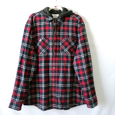 Flag & Anthem Mens Red Black Long Sleeve Hooded Plaid Button Up Shirt Size L