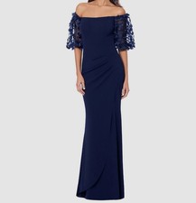 Xscape Women's Blue Floral Appliqué Off-Shoulder Balloon-Sleeve Dress Size 16