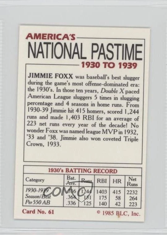 1985 Big League Collectibles America's National Pastime 1930 to 1939 Jimmie Foxx - Image 2 of 2