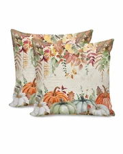 2 Packs Fall Cotton Throw Pillow Covers, Watercolor Pumpkins and Leaves Fall ...