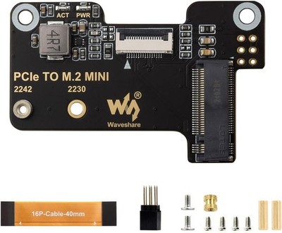 Waveshare PCIe to M.2 Mini Adapter, Compatible with Raspberry Pi 5, Supports