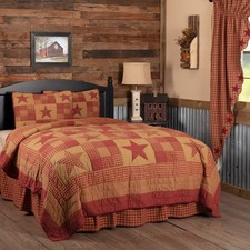 VHC Brands Primitive King Quilt Set Red Patchwork Ninepatch Star Bedroom Decor