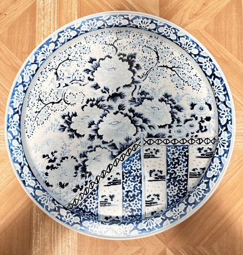 Vintage Ming Dynasty Chrysanthemum Pattern Blue White Metal Serving Trays (4) - Picture 1 of 9