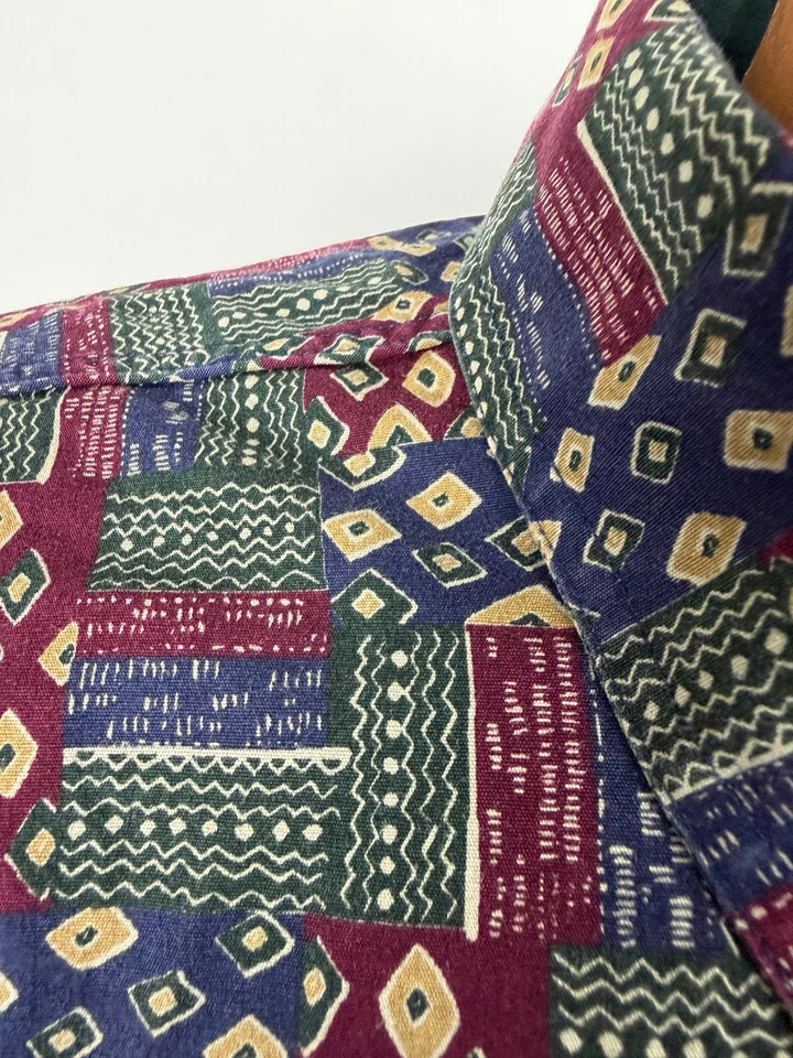 Camisa Geométrica Vintage Años 90 Hombres 3XL GRANDE Abotonada Borgoña Verde Azul Marino Algodón Foto 4 de 4