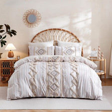 Beige 100 Cotton Queen Duvet Cover Set - Modern Boho Tufted Design