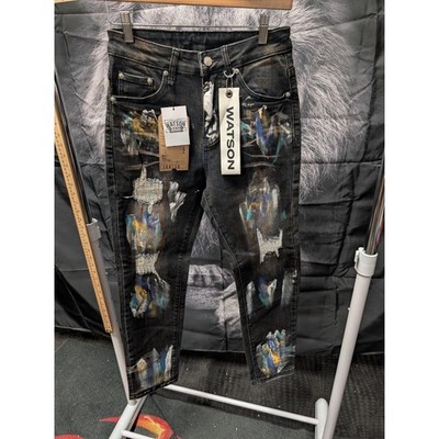 Watson Denim Co Painted Distressed Slim Jeans Mens 28 Black QSU010034 NWT 29L