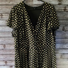 Torrid Women's Short-Sleeved Dress Size 3X Black Gold Metallic Polka-Dot V-Neck