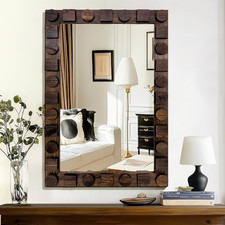 36X24 Inch Handcrafted Solid Wood Square Wall Mirror with Geometric Wood Inlay D