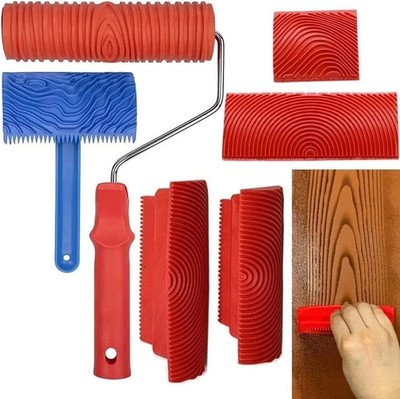 6PCS Wood Grain Paint Tool Set Rubber Roller Faux Wood Texture DIY Wall Decor