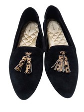 Birdies The Blackbird Black Suede Leopard Tassel Smoking Slipper Flats Womens 10