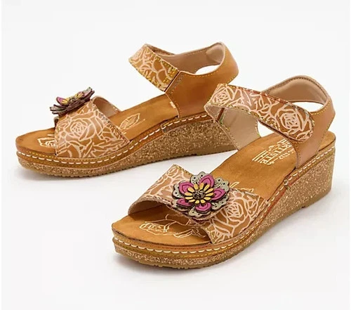L'Artiste Spring Step Leather Wedge Sandals-Cuteness-Camel-EU37 (6.5-7)-A587756