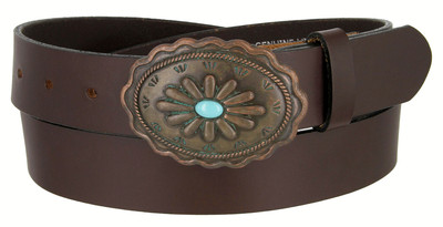 Western Genuine Leather Belt with Turquoise Inlay Flower  display picture 2